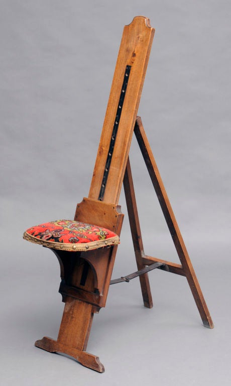 Very unusual Victorian oak adjustable easel and chair seat combination. Seat is upholstered with carpet. Label on reverse of easel reads: Lechertier Barbe & Co, Regent Street(London).