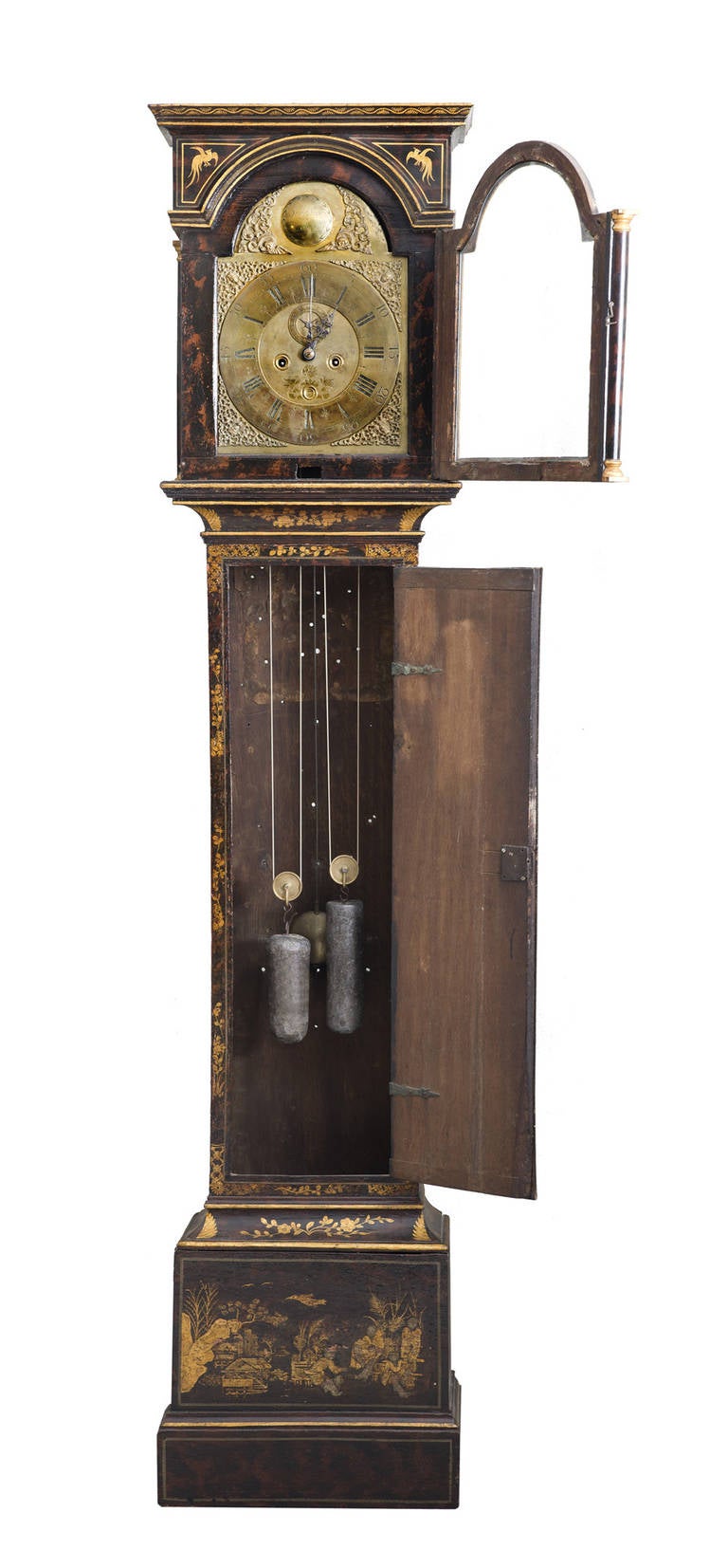 Very high quality Georgian Chinoiserie lacquered  tall case clock by Samuel Snow, London.  Eight-day movement, brass dial engraved with birds and a basket of fruit, minute dial and calendar.  Unusual faux tortoise shell decoration with gilding