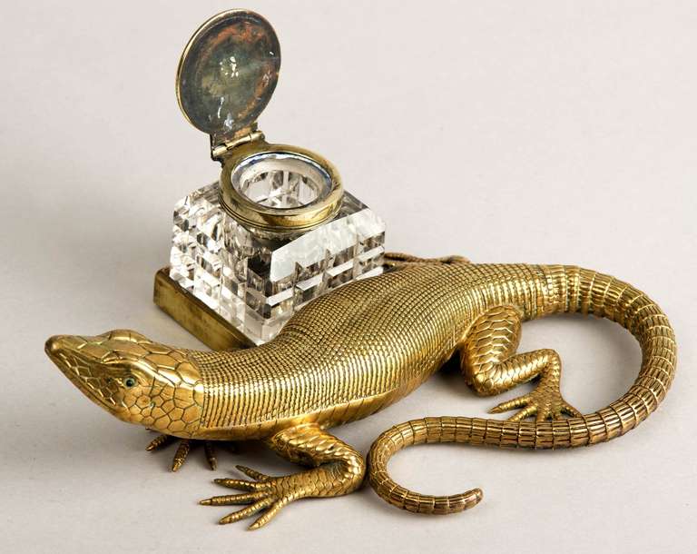 Edwardian English Antique Brass Salamander Ink Stand, Circa 1890