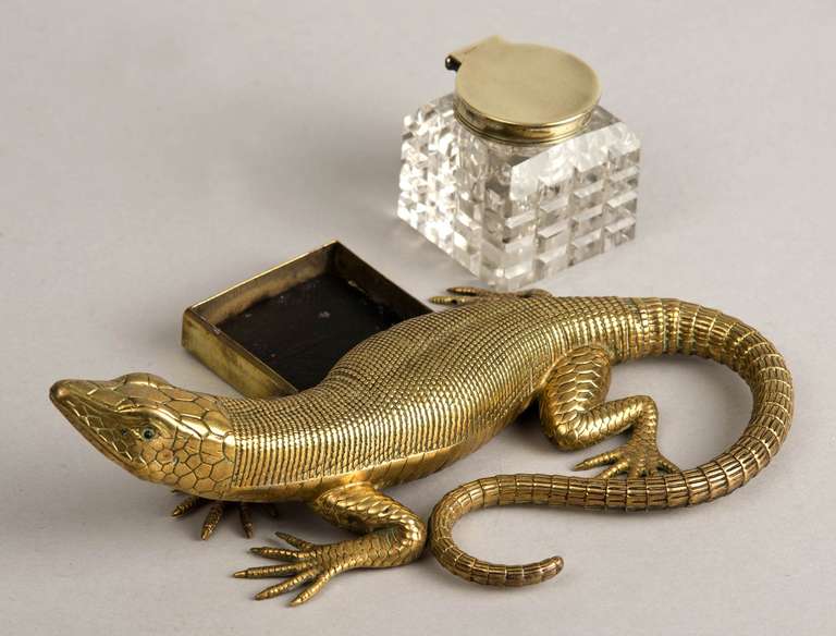 British English Antique Brass Salamander Ink Stand, Circa 1890