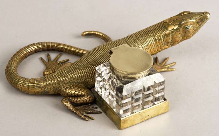 19th Century English Antique Brass Salamander Ink Stand, Circa 1890