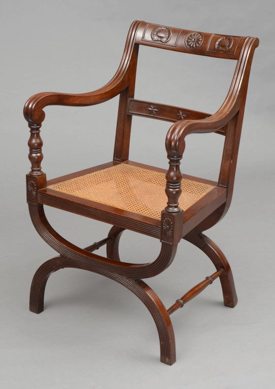 Unusual mahogany carved X-frame open armchair with caned seat, top rail carved with shells and flower petals, splat carved with stars, arms with grooved carving, baluster-turned arm supports and stretchers, reeded X-shaped arched legs.