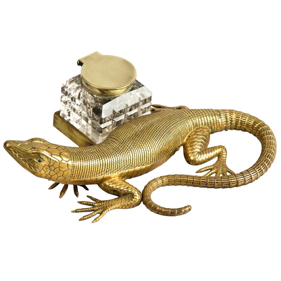 English Antique Brass Salamander Ink Stand, Circa 1890