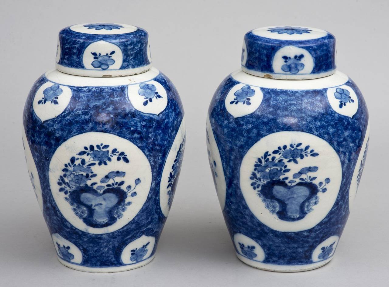 Pair of 18th Century Dutch Delft Vases and Lids In Excellent Condition In Sheffield, MA