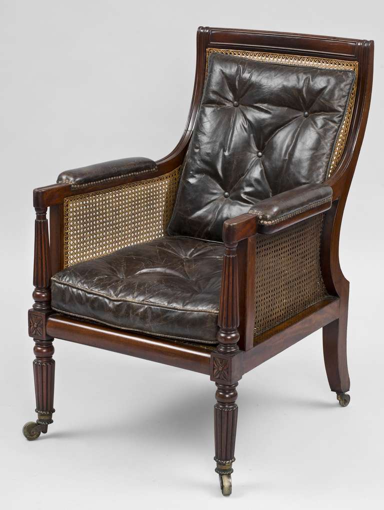 British Antique English Regency Mahogany Caned Armchair For Sale