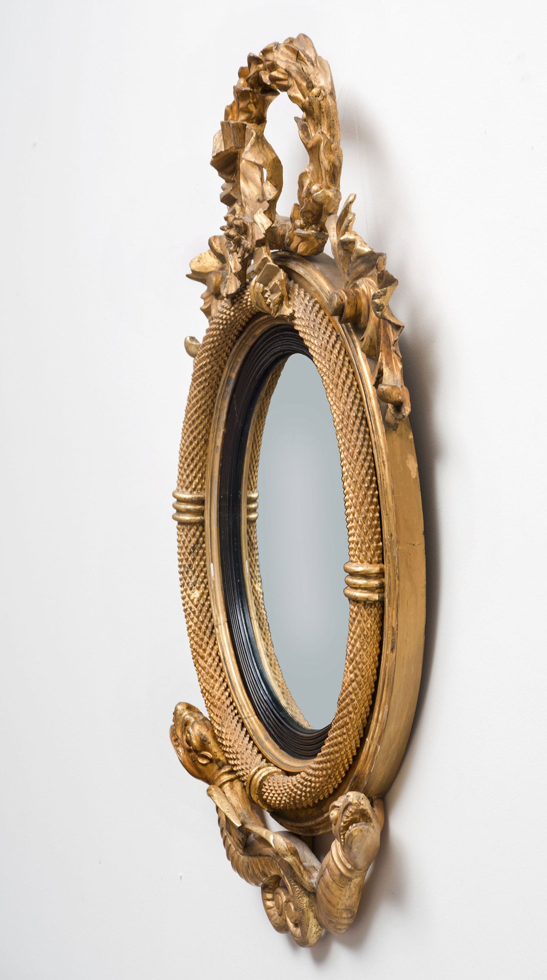 Carved Rare American Federal Giltwood Convex Mirror, circa 1810 For Sale
