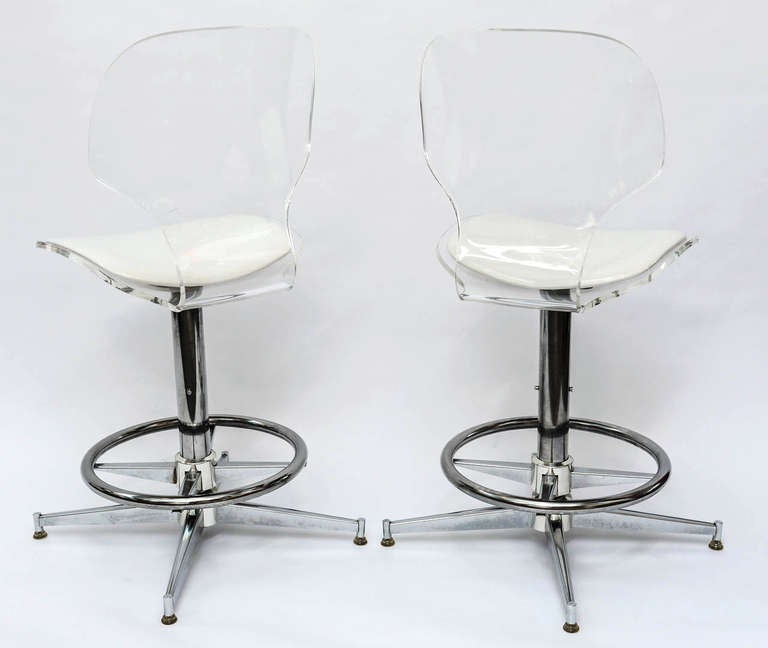 American Pair of 1970's Sculptural lucite and Chrome Bar Stools chairs
