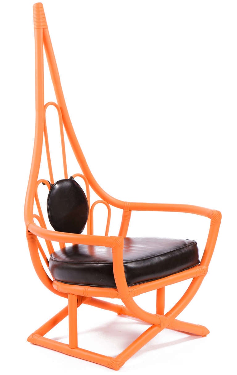 Mid-Century Modern Whimsical Orange Bamboo Peacock Chair by Henry Olko For Sale