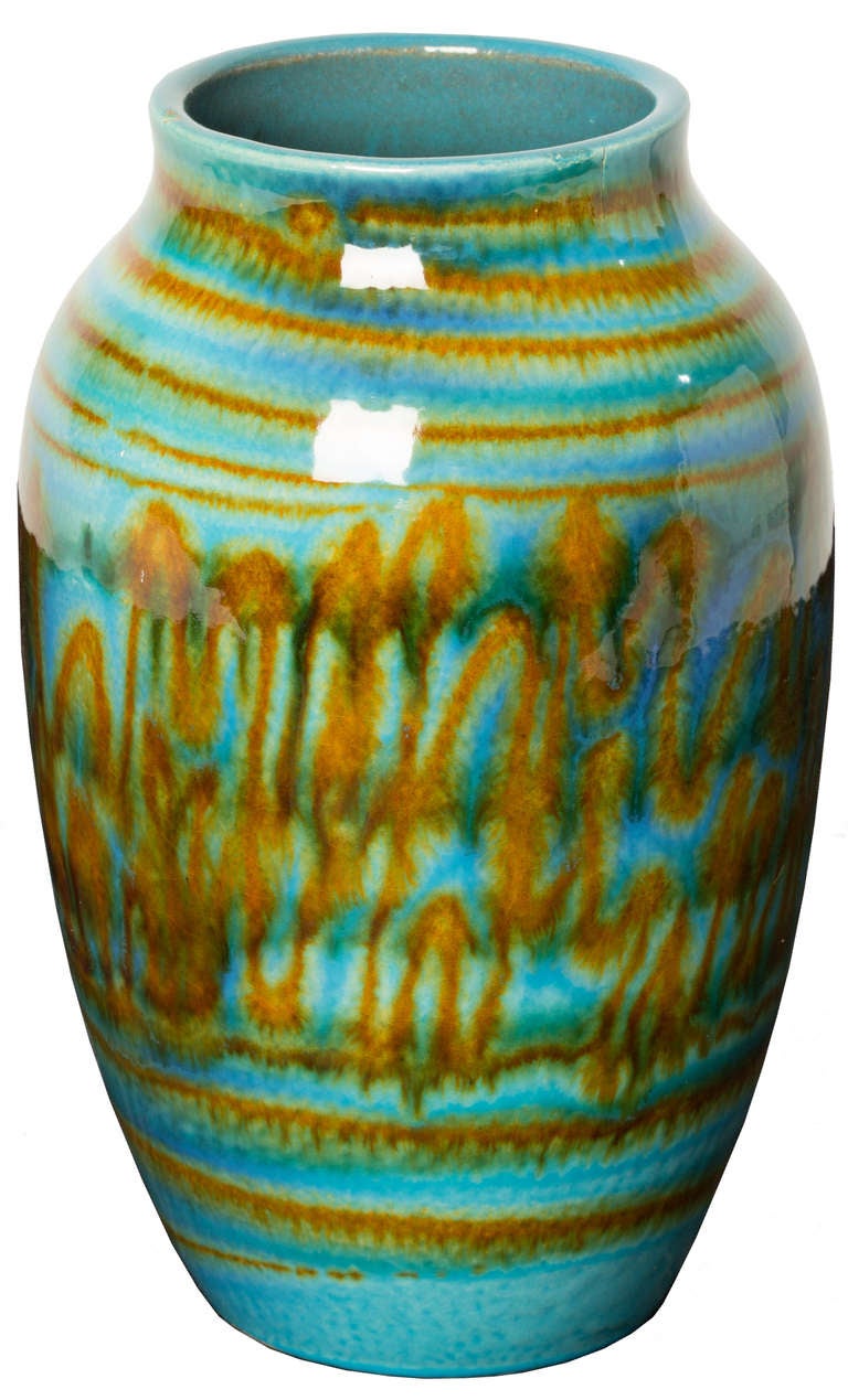 Blue Squiggle Patterned Pottery Vase by Raymor