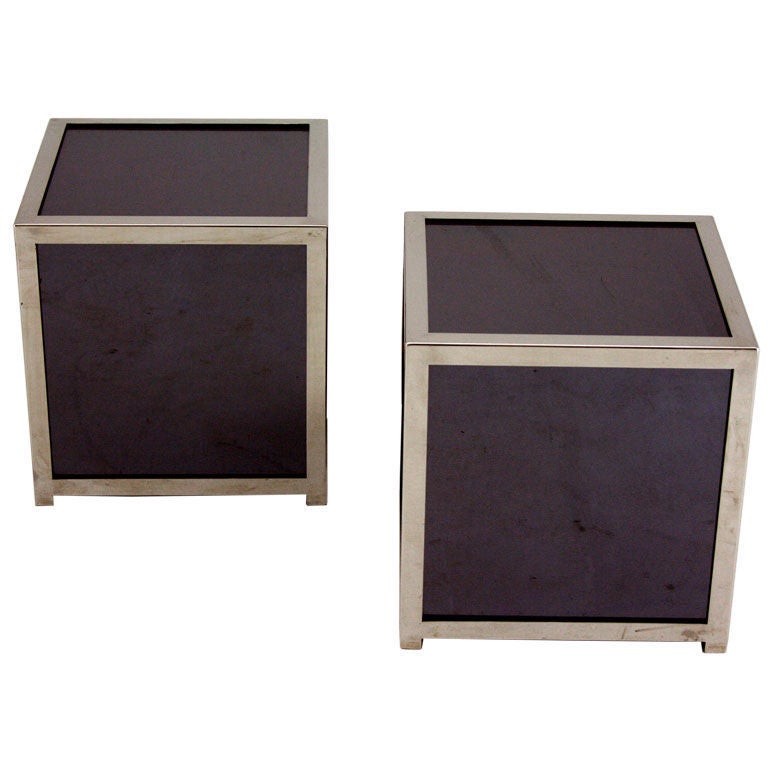 Pair of Smoked Glass Mirror and Chromed Steel Cube Tables For Sale