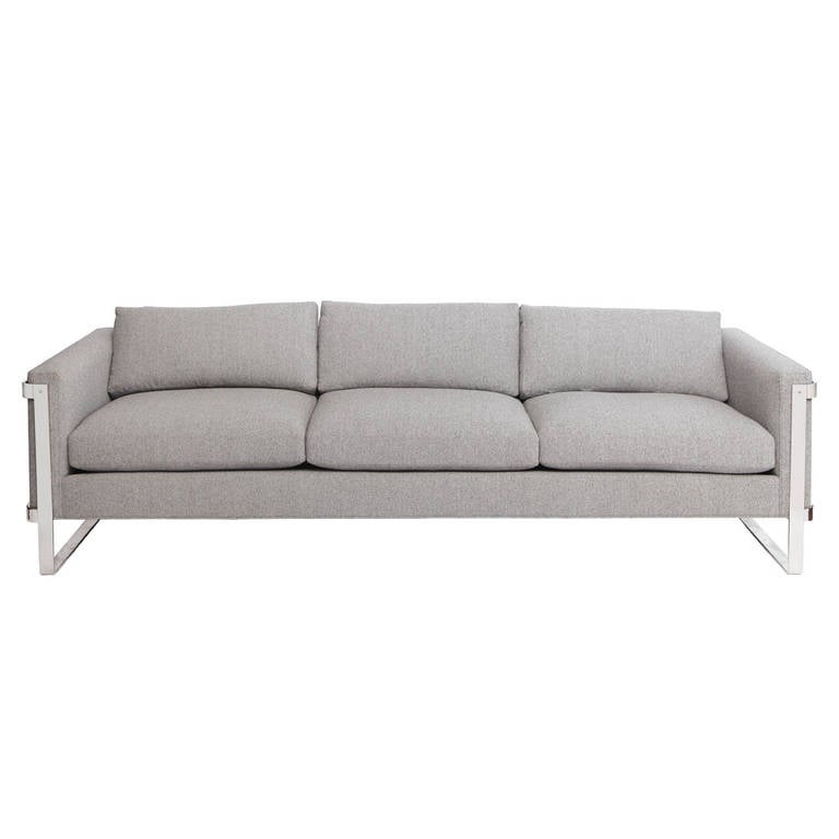 Pristine Milo Baughman Sofa with Nickel Plated Frame For Sale
