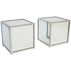 Pair of Mirrored Glass and Chromed Steel Cube Tables