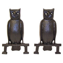 Pair of Commanding Arts and Crafts Owl Andirons