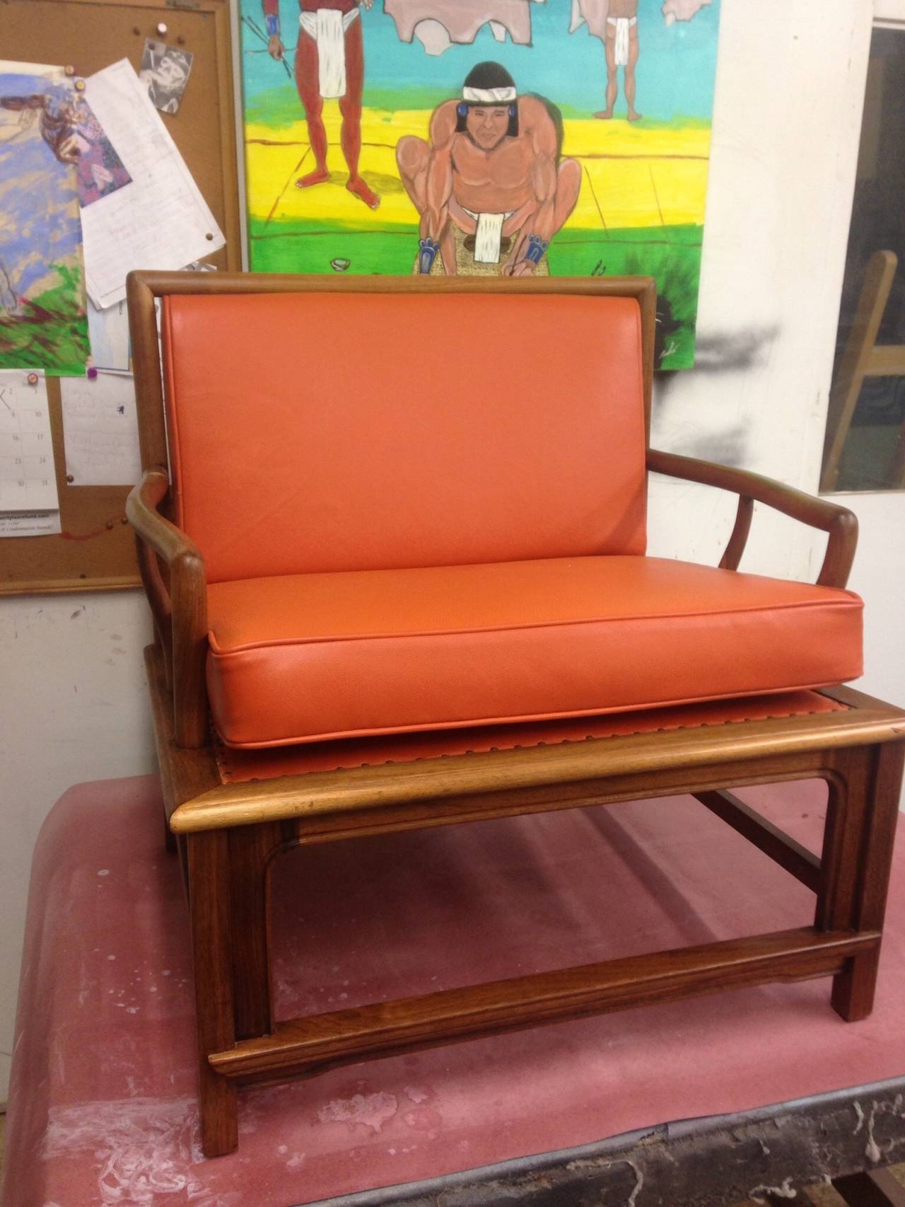 Modern Pair of Widdicomb Asian Style Armchairs in Orange Leather