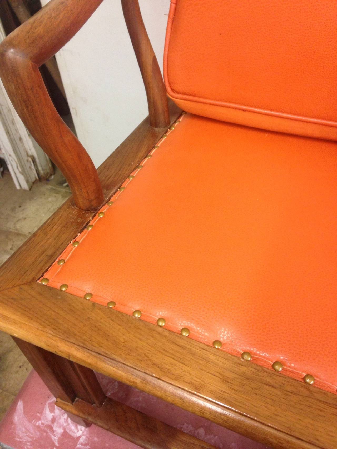 American Pair of Widdicomb Asian Style Armchairs in Orange Leather