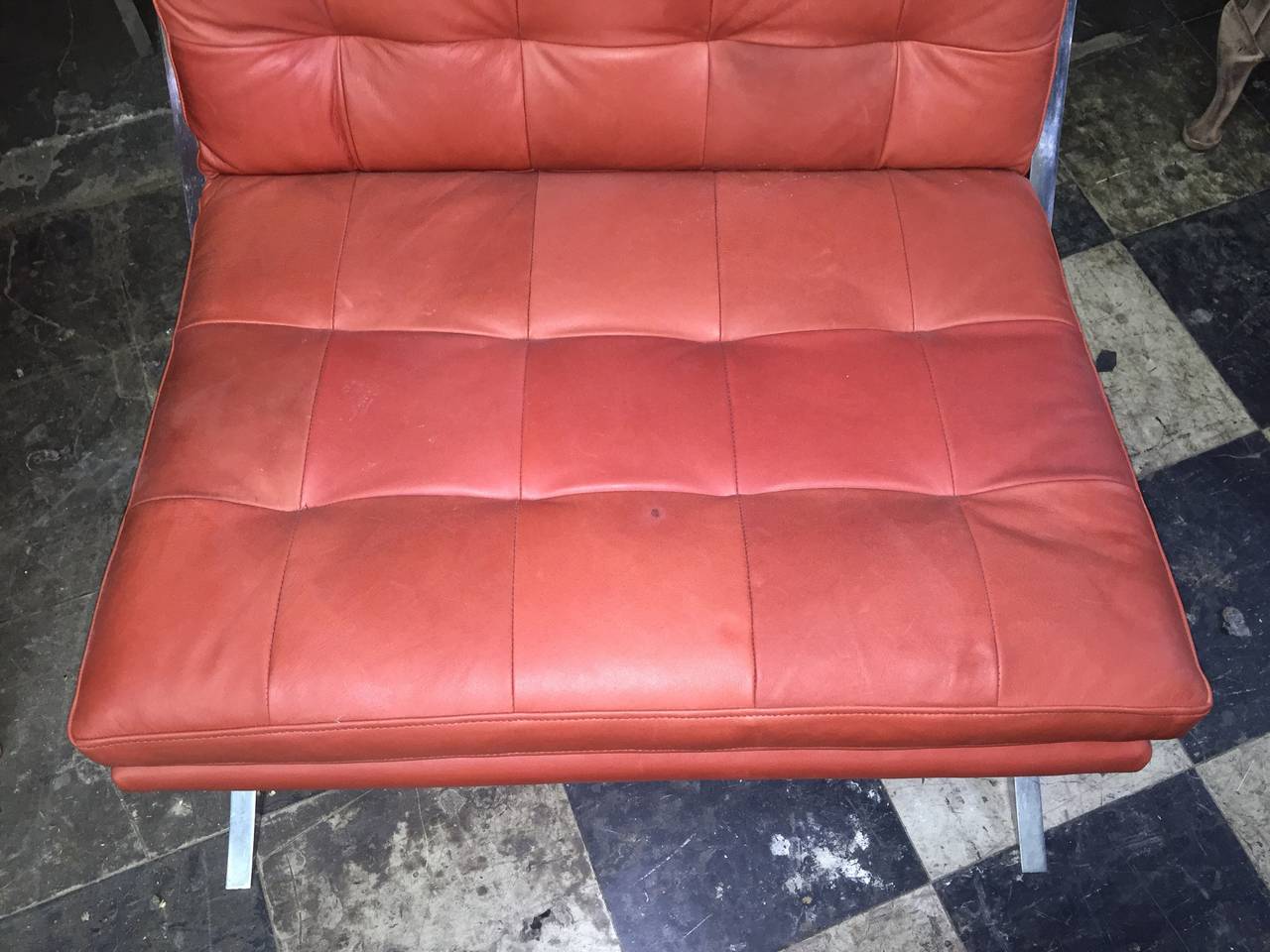 Unknown Sleek Pair of Heavy Chromed Steel and Red Leather Chairs