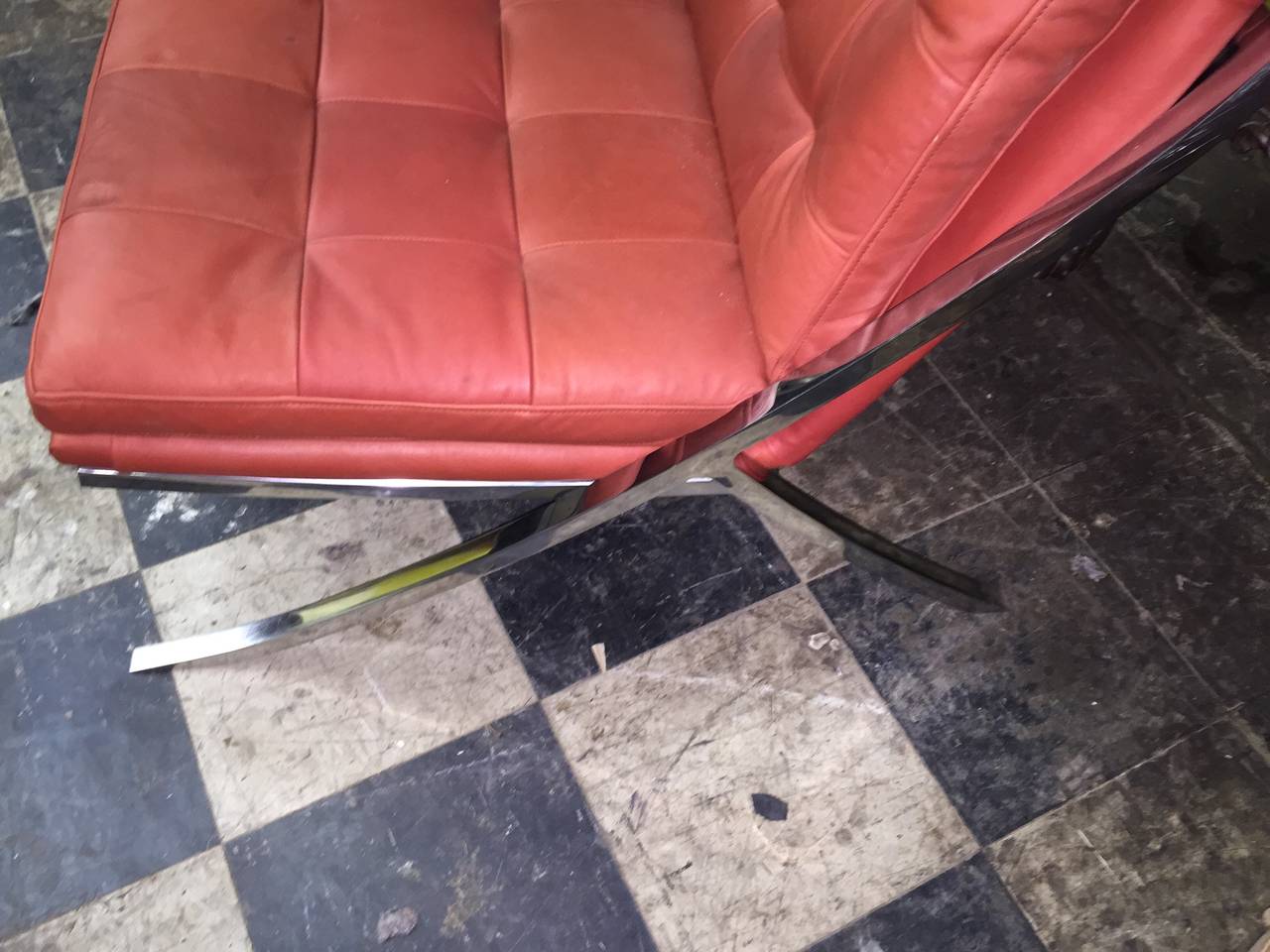 Sleek Pair of Heavy Chromed Steel and Red Leather Chairs In Good Condition In Palm Springs, CA