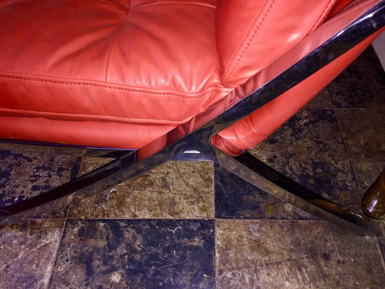 Sleek Pair of Heavy Chromed Steel and Red Leather Chairs 3