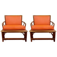 Vintage Pair of Widdicomb Asian Style Armchairs in Orange Leather