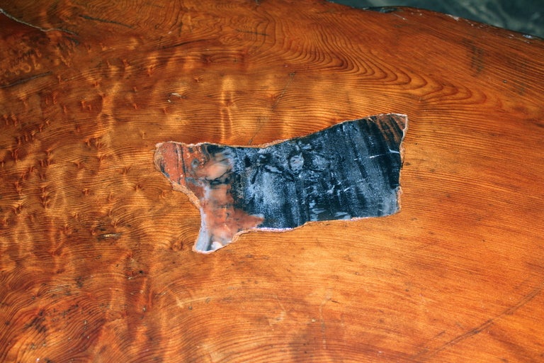 American Beautiful Redwood Coffee Table With Inlaid Petrified Wood