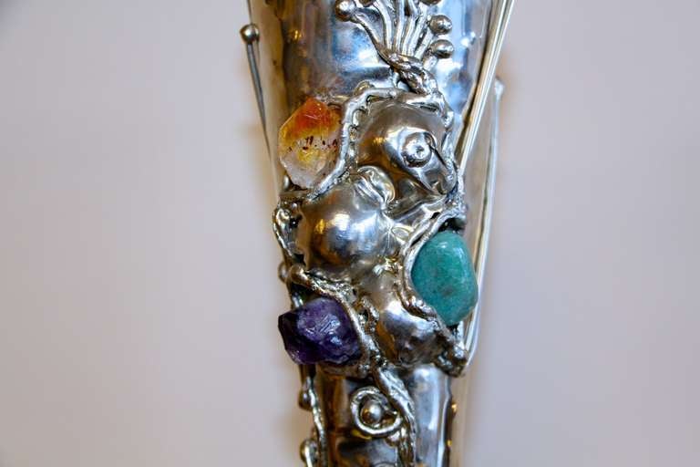 Unknown Metal Vases with Semi-Precious Stones For Sale