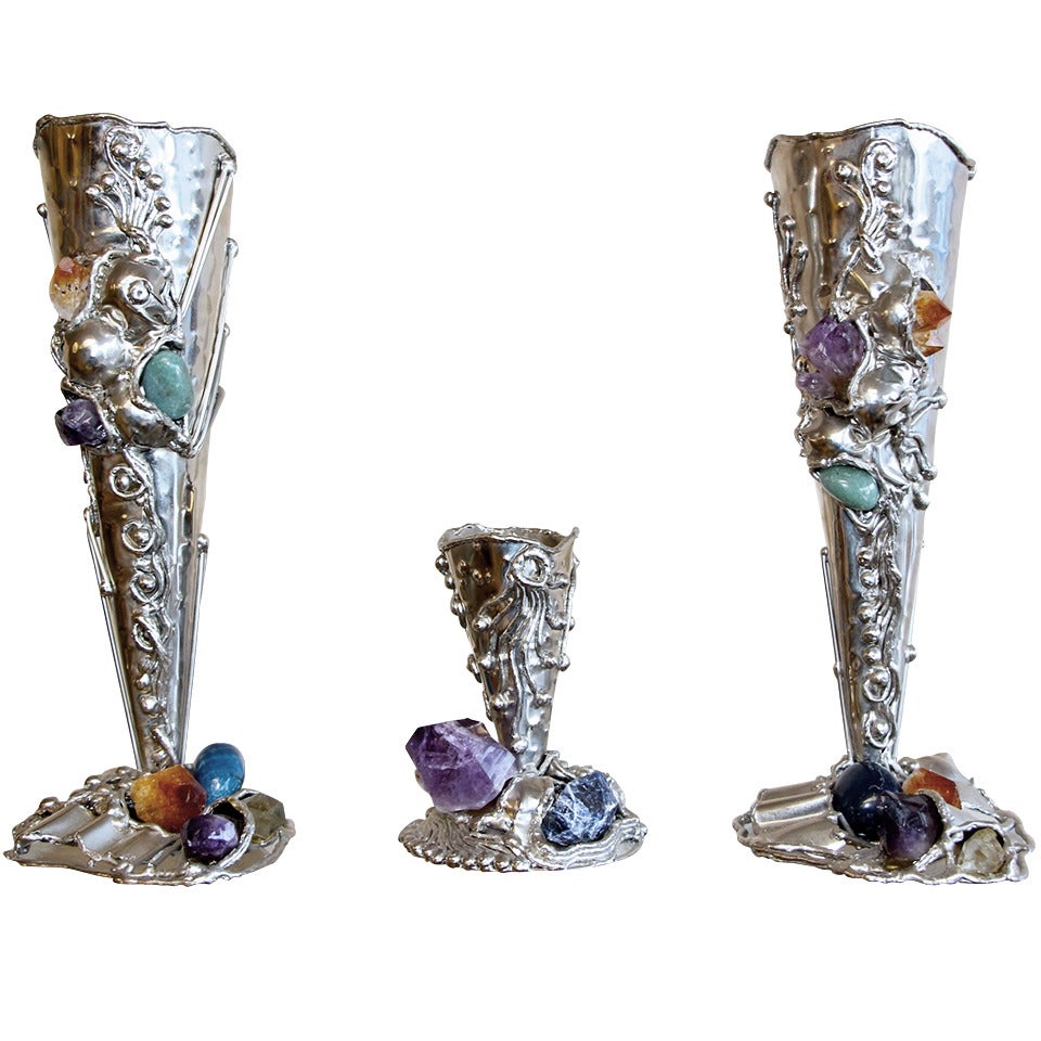 Metal Vases with Semi-Precious Stones For Sale