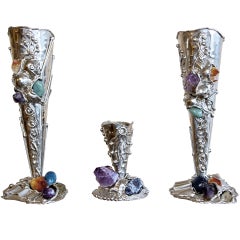 Vintage Metal Vases with Semi-Precious Stones