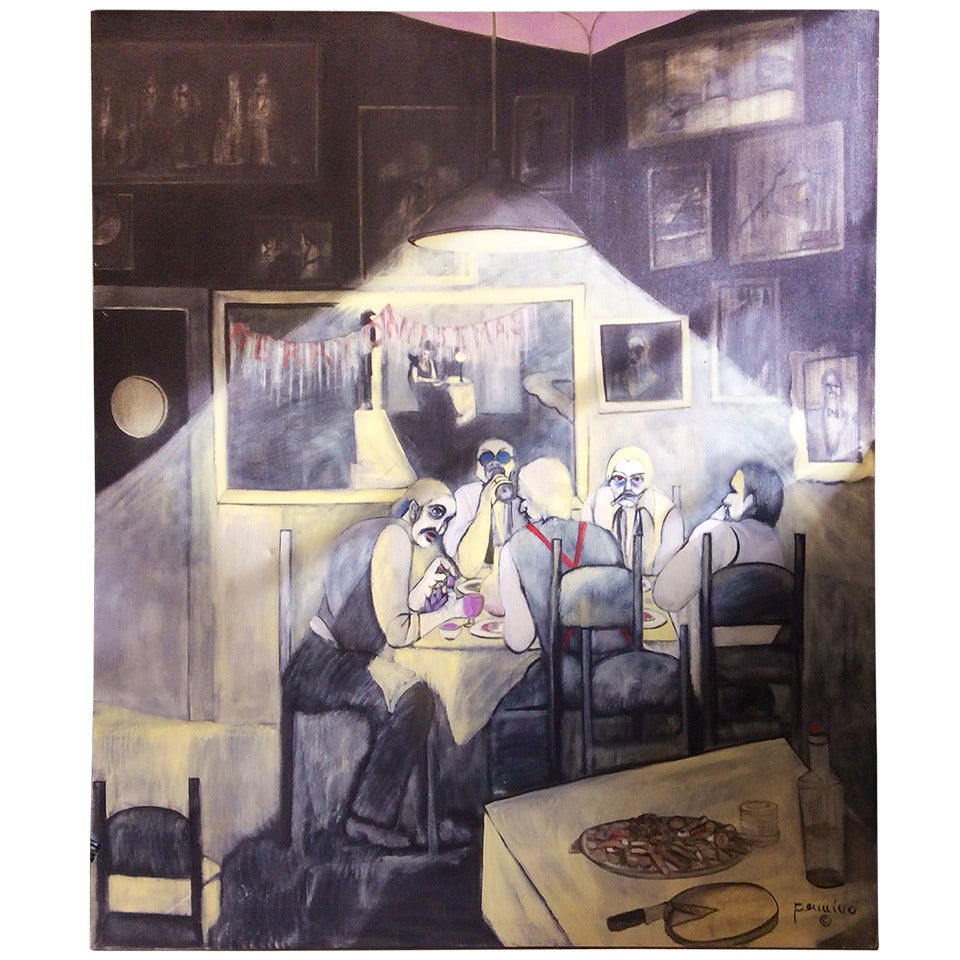 Large Painting "Dinner Scene" 1979 Signed Pennino