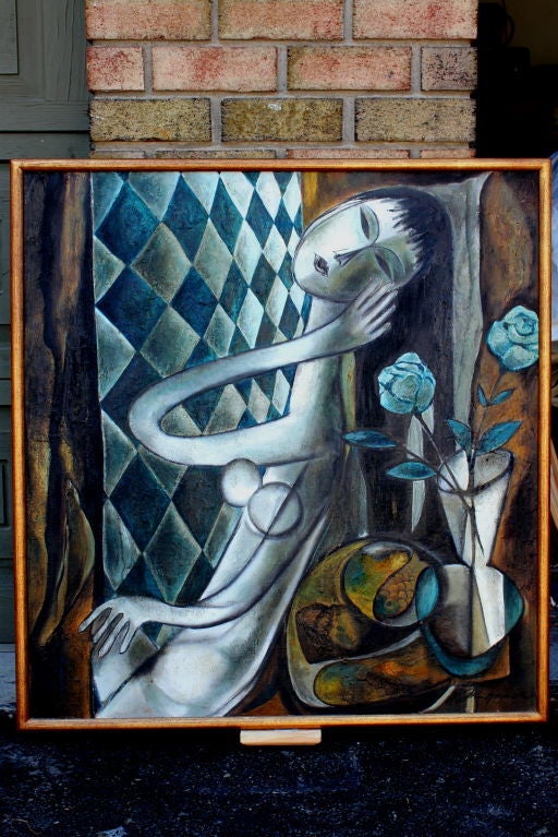 A wonderful cubist oil on canvas by the well known American artist John Haymson. Although primarily known for his city scenes this vibrant oil is reminiscent of a few watercolors he did with the same female figure. This painting is signed lower