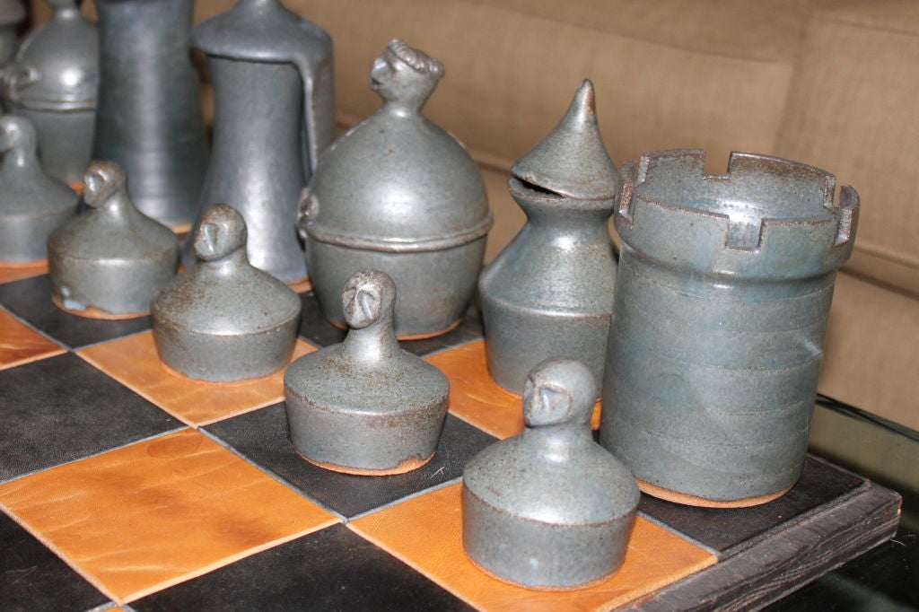 American Unique Hand Thrown Art Pottery Chess Set Custom Leather Board