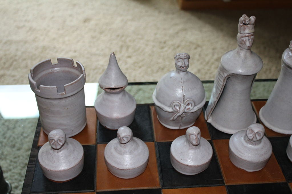 Mid-20th Century Unique Hand Thrown Art Pottery Chess Set Custom Leather Board
