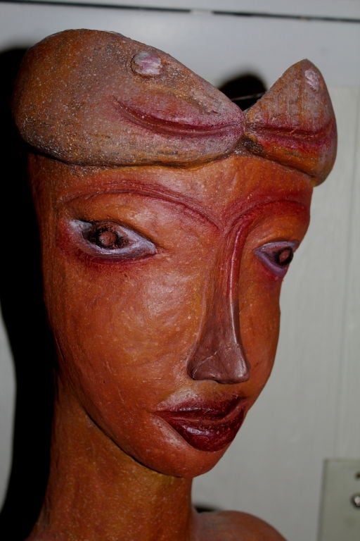 American 1960's Terracotta Bust of a Nude Woman with a Cat On Her Shoulder