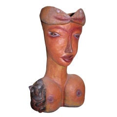 1960's Terracotta Bust of a Nude Woman with a Cat On Her Shoulder