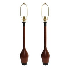 Pair of 60's Teak and Leather wrapped lamps by ESA