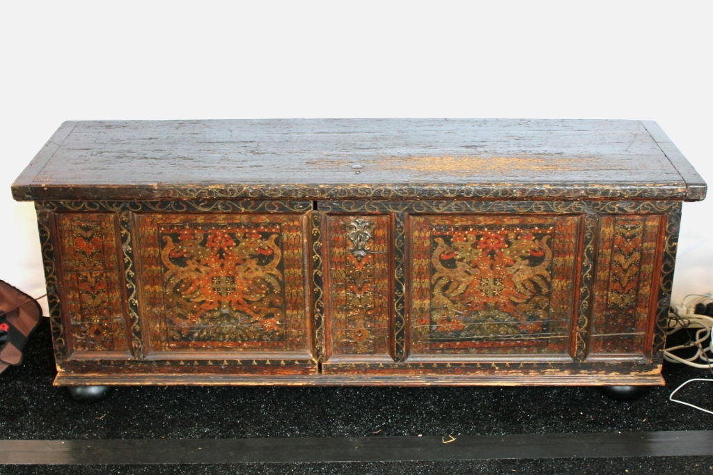 Very Early Hand Painted Antique Chest on Bun Feet Original Lock