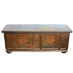 Very Early Hand Painted Antique Chest on Bun Feet Original Lock