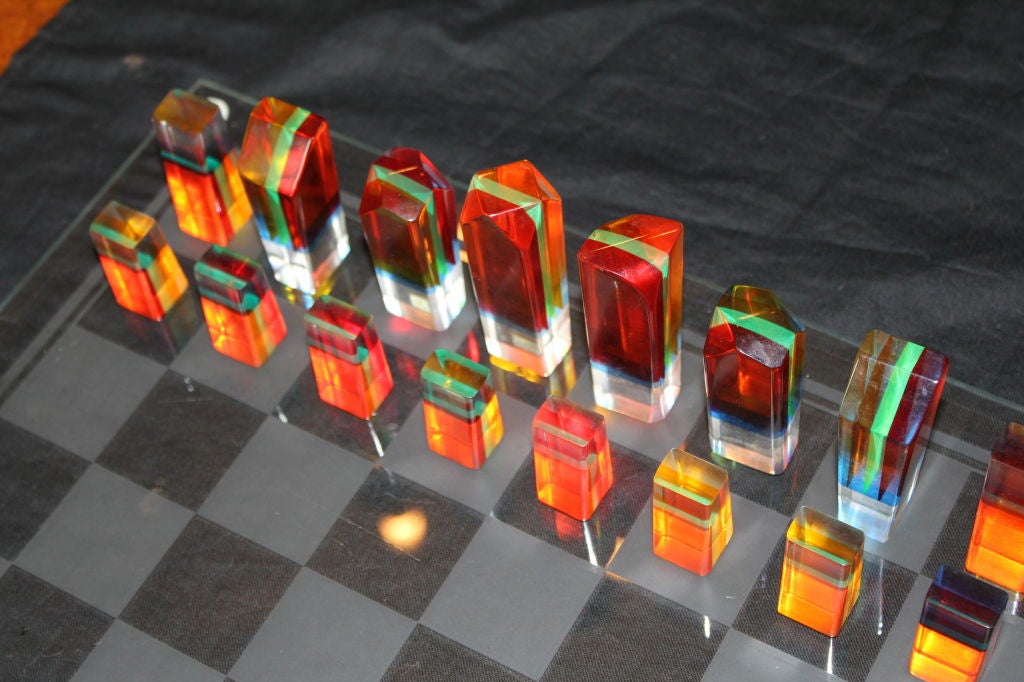 Mid-20th Century 1960's vintage colored acrylic chess set new glass board