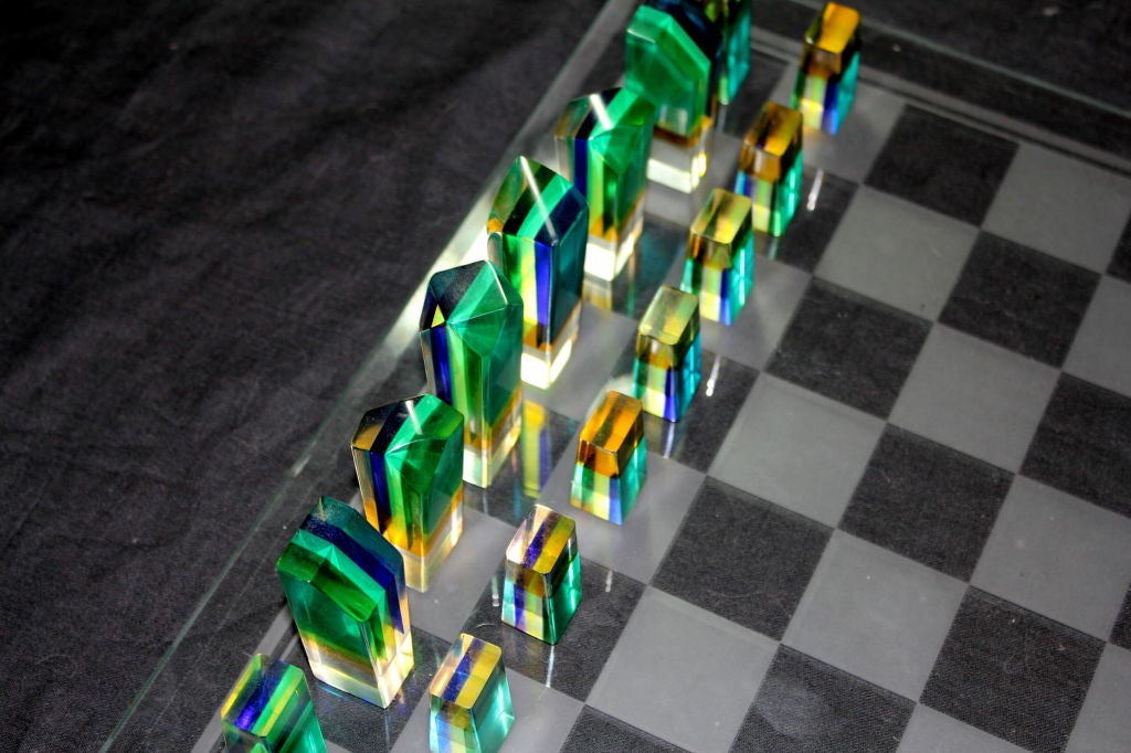 Lucite 1960's vintage colored acrylic chess set new glass board