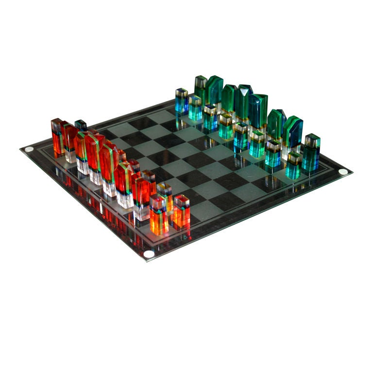 1960's vintage colored acrylic chess set new glass board