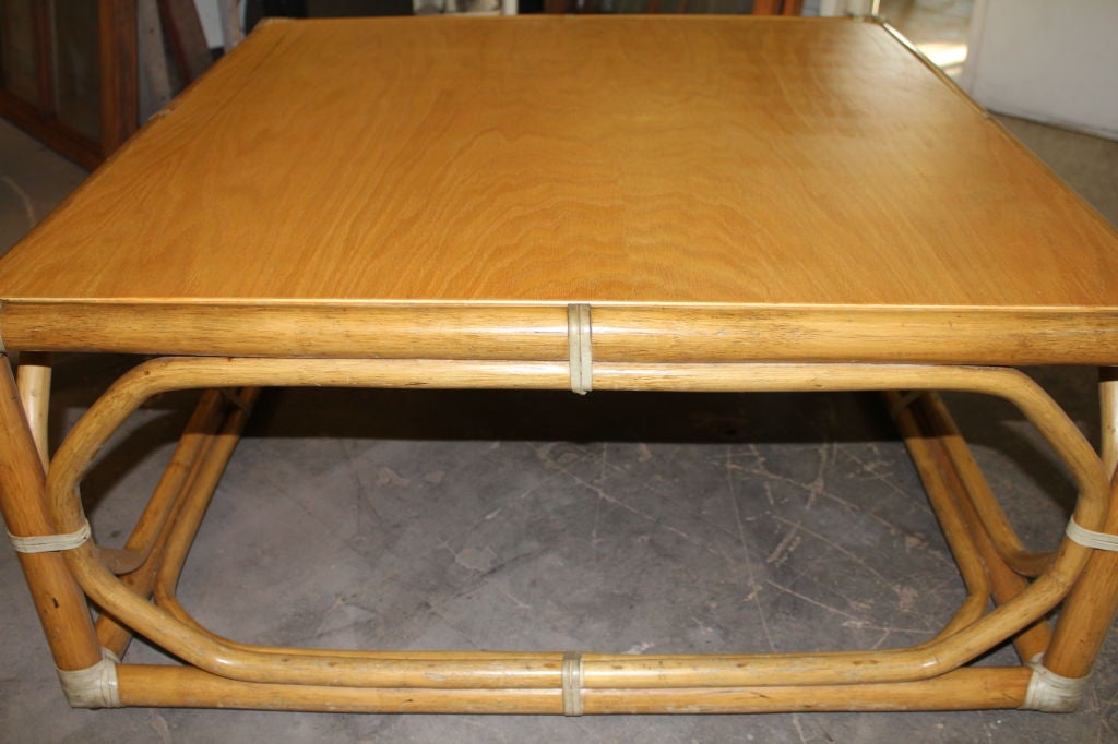 American 1987 McGuire furniture company oak & rattan coffee table