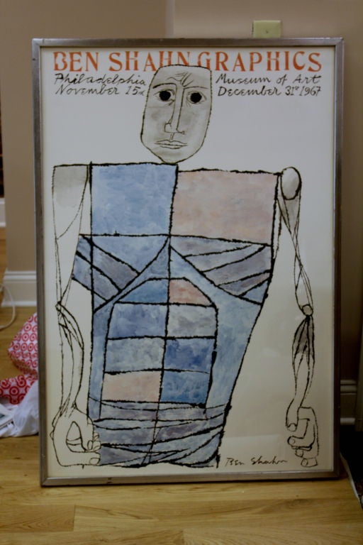A nice lithograph exhibition poster of a Ben Shahn exhibition from the Philadelphia Museum of art that occurred in 1967. The poster is a great graphic image. The frame is a silver leaf simple wood frame.