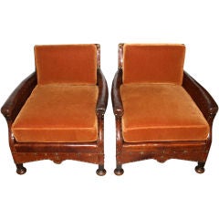 Pair of Arts and Crafts leather, mohair & brass armchairs