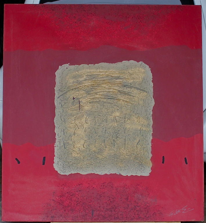 Un gran abstracto de gran tamaño con un cuadrado central de trabajo de paleta de cuchillas único. El cuadro está firmado, pero no podemos distinguir el nombre.