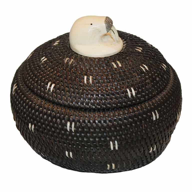 Rare Inupiaq Baleen basket w/ carved bone top by Abe Simmonds
