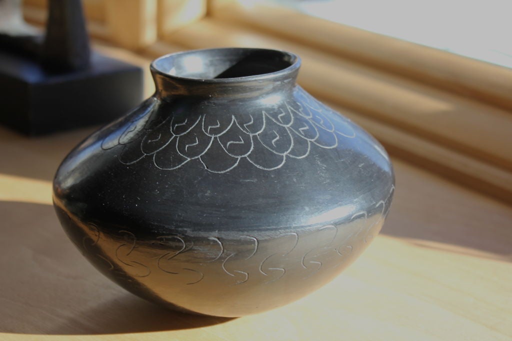 Mid-20th Century Black on black Mata Ortiz  pottery vessel signed Corona NM
