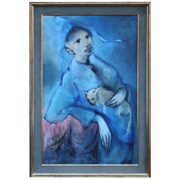 1959 o/c by Michelle Michaux titled "The man with the Cat"