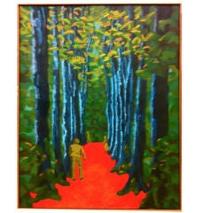 Large vibrant military oil on canvas soldiers in surreal woods