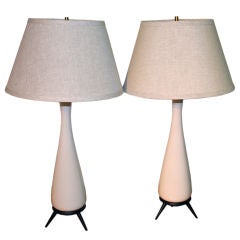 Nice pair of white porcelain and wood tripod base lamps