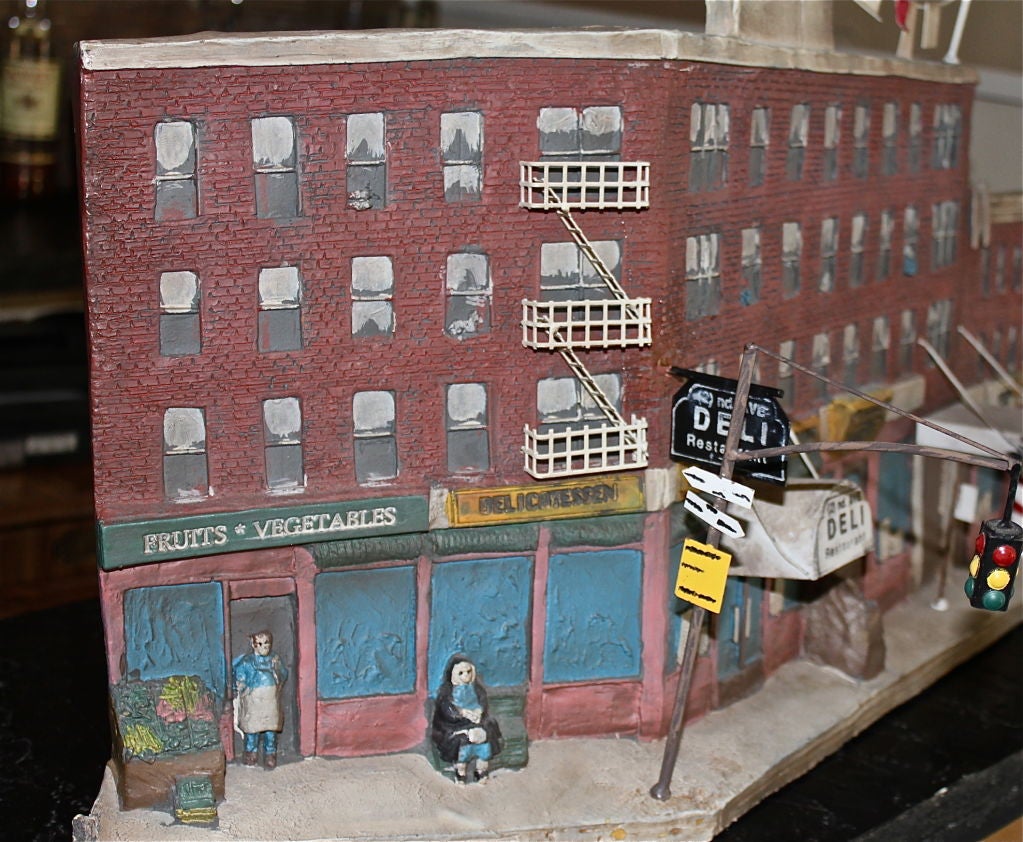A most unique NYC street scene or architectural model complete with a Second Avenue Deli sign. The detail is exquisite. Please look at the detailed pictures, this is a most unusual piece. After a little research we found that this sculpture was made