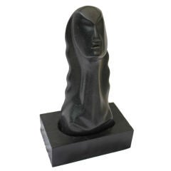 Cubist 1950's black stone carved bust of a woman monogrammed